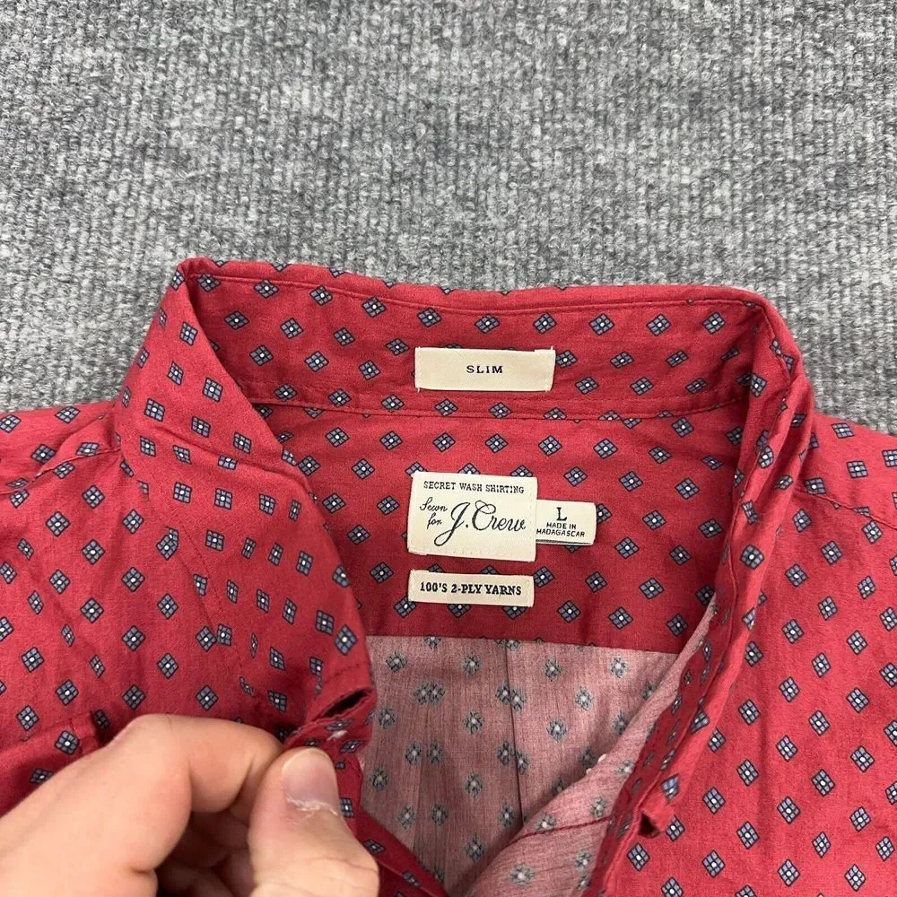 J.CREW Shirt Mens L Red Geometric 2‎ Ply 100% Cotton Slim Fit Button Up NEW $80